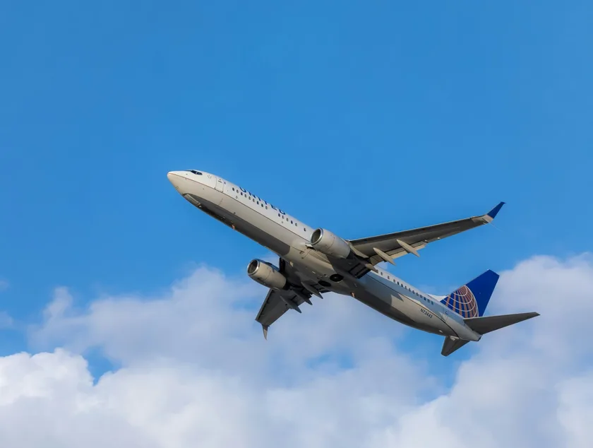 A passenger jet climbing into a blue sky